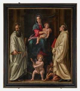 Madonna col Bambino in trono con un angelo musicante tra i santi Benedetto e Bernardo - Pala Lotti con cornice_Pier Francesco Foschi