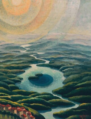 Gerardo Dottori_paesaggio con lago e fiumi_1935_olio su tavola_cm40x30